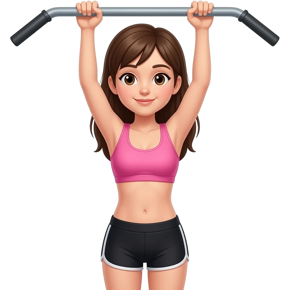 une fille quI fait des tractions , brassière de sport rose short noir yeux marrons emoji