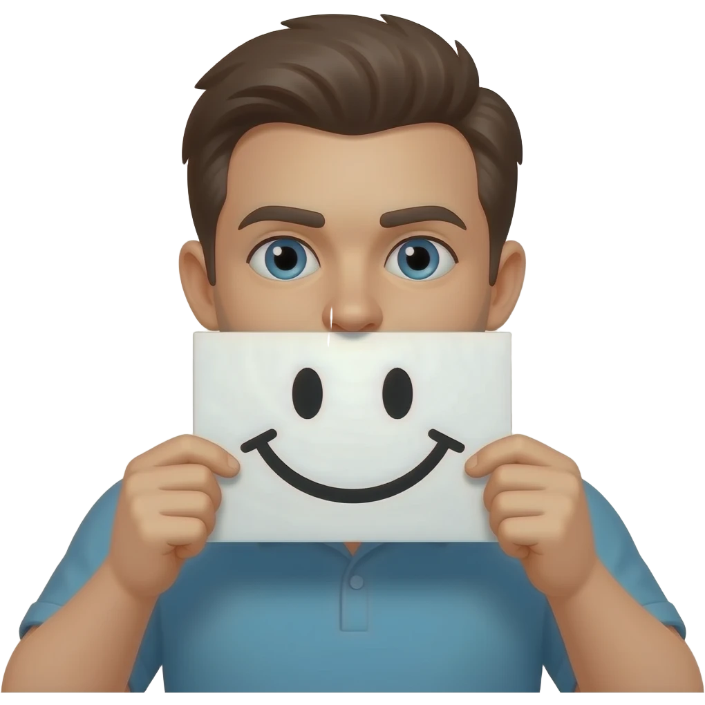 A guy holding up a sign over his mouth that has a smile on it emoji