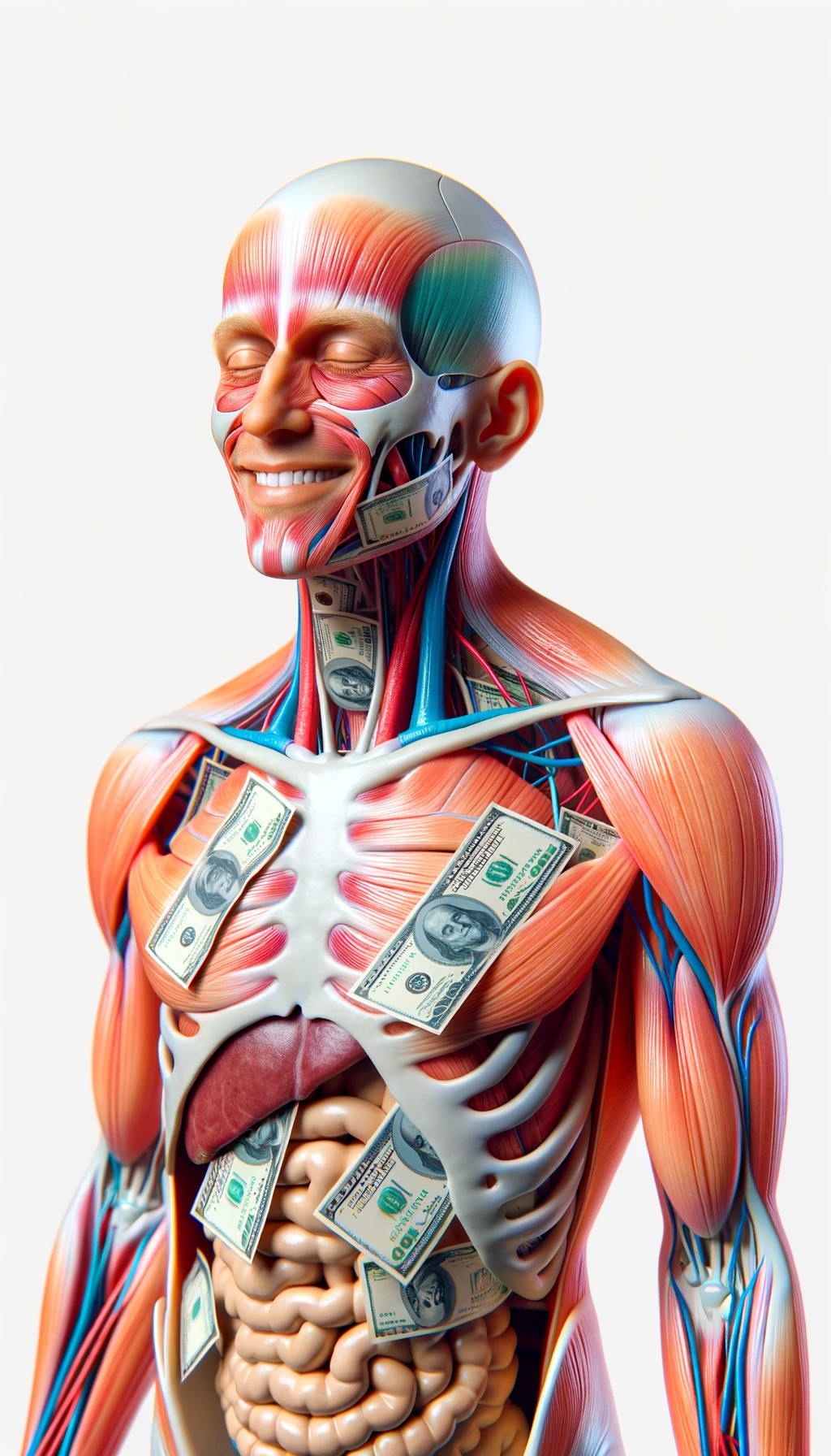 corpo umano anatomico sereno e felice con banconote sparse appiccicate sul corpo, colori realistici del corpo, espressione stupita, iperrealistica 4k, isolato su sfondo bianco emoji