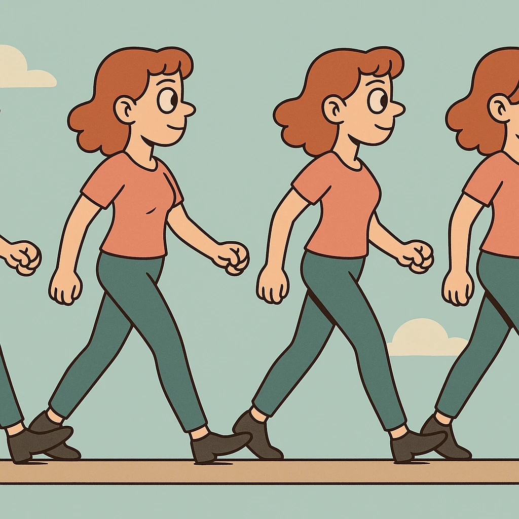 animated sequence of a woman walking on a horizontal runway, step-by-step walking frames, cartoon style emoji