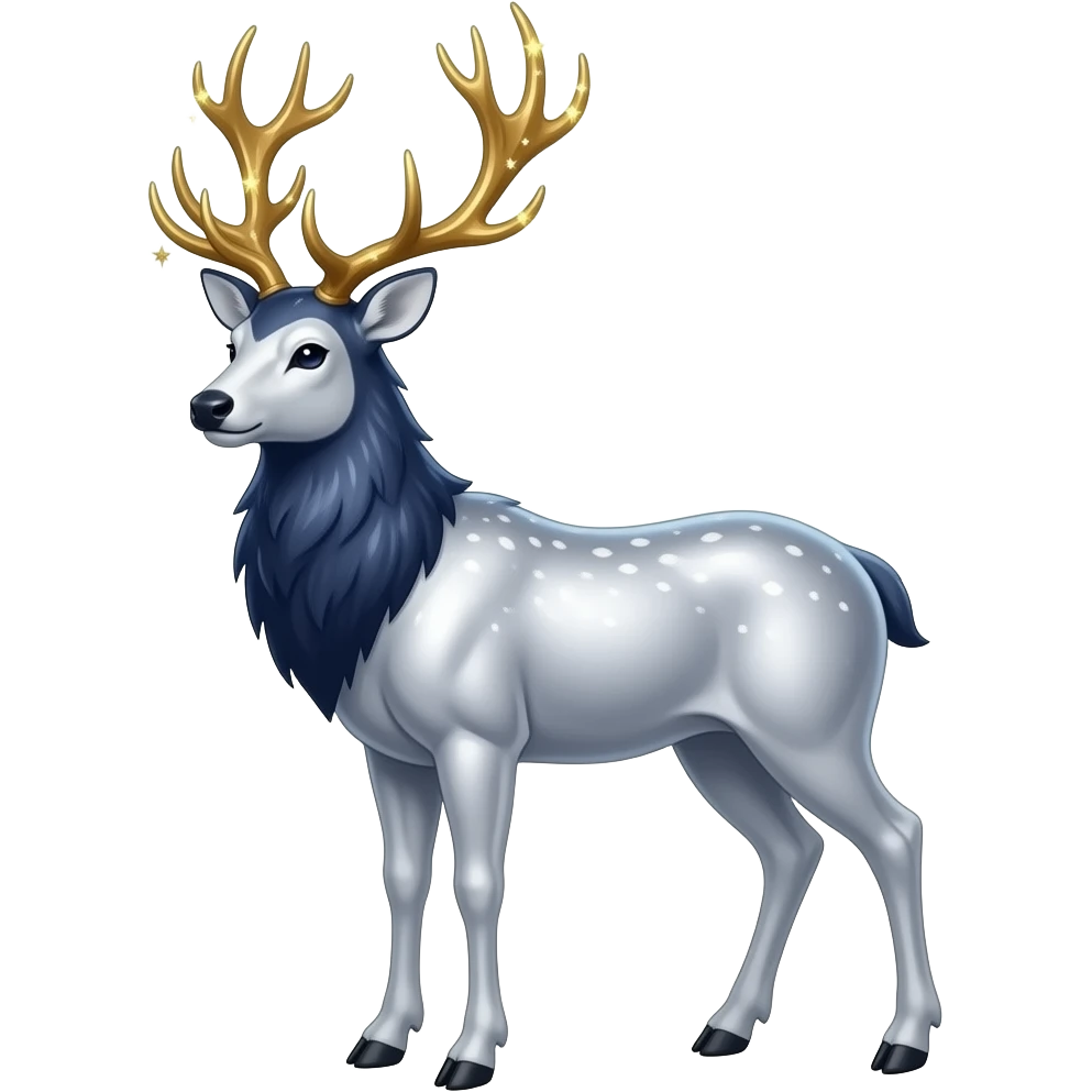 Celestial Stag emoji – full body, majestic stag with shimmering silver body and deep midnight-blue fur, tall glowing golden antlers shaped like constellations, small star accents, slight side angle emoji