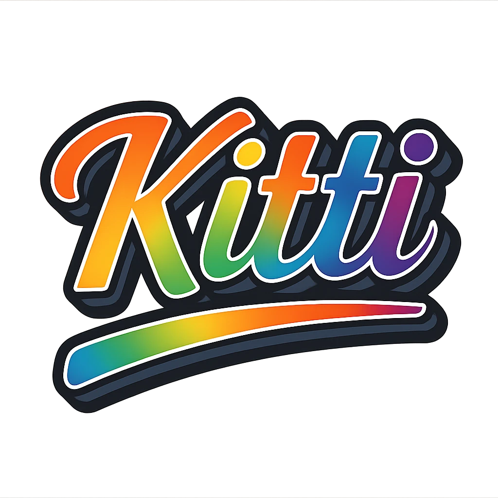 The text 'Kitti' (with a short i and double t) in modern, precise Hungarian letters with a rainbow gradient fill, extra thick white letter outline, dark contour, transparent background, dynamic and slanted underline, styled in the manner of the reference sample images. emoji