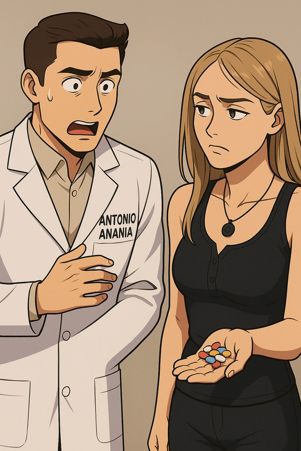 fai un webtoon/manga a colori con questo kinesiologo in camice bianco (fagli la scritta "ANTONIO ANANIA" SUL CAMICE) CHE PARLA CON QUESTA RAGAZZA. LA RAGAZZA HA UN PUGNO DI INTEGRATORI IN MANO (TANTE PILLOLE DIVERSE) E LE GUARDA DUBBIOSA. IL KINESIOLOGO CON IL CAMICE BIANCO LE DOMANDA UNA COSA SCIOCCATO. NON FARE I FUMETTI, FAI SOLO LORO COME SE DIALOGASSERO emoji