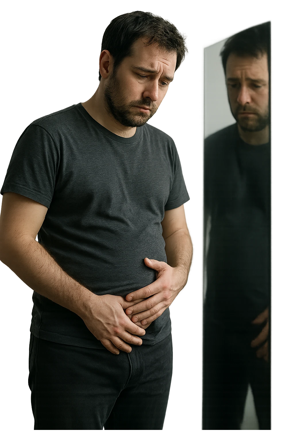 uomo che si guarda allo specchio triste mentre si tocca la pancia, pensieroso, iperrealistico 4k emoji