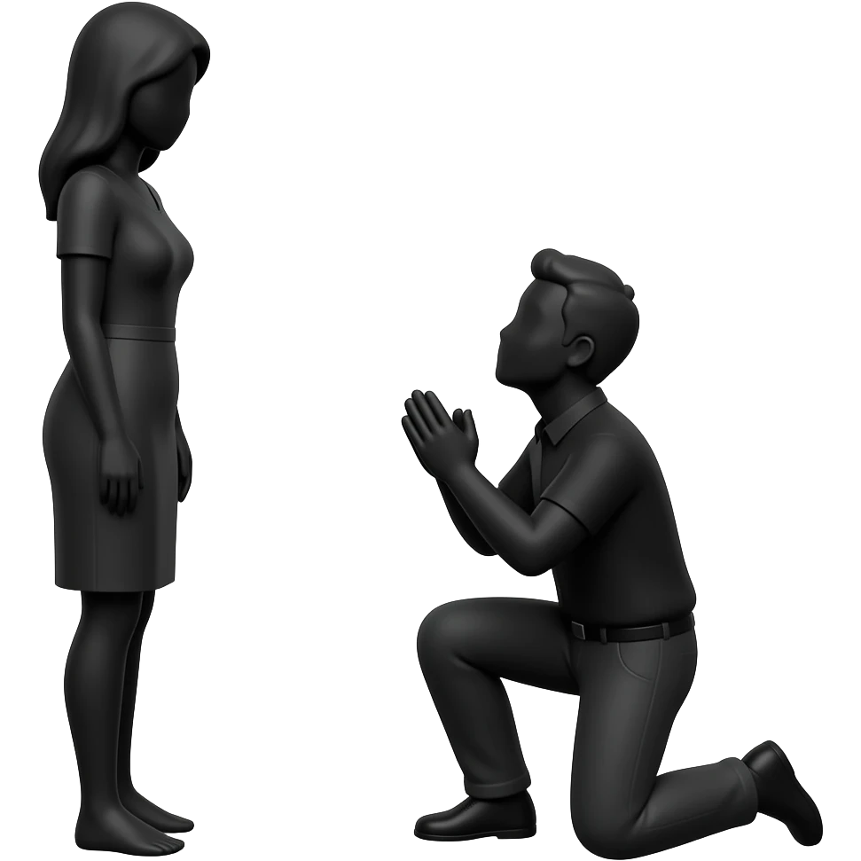 Man kneeling on both knees; begging in front a woman; looking UP to her. The characters have no faces. They are completely dark black with NO faces. emoji