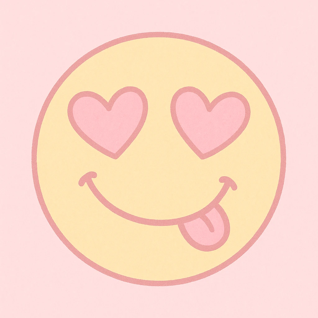 cute emoji, heart eyes, playful grin, pastel pink and yellow emoji