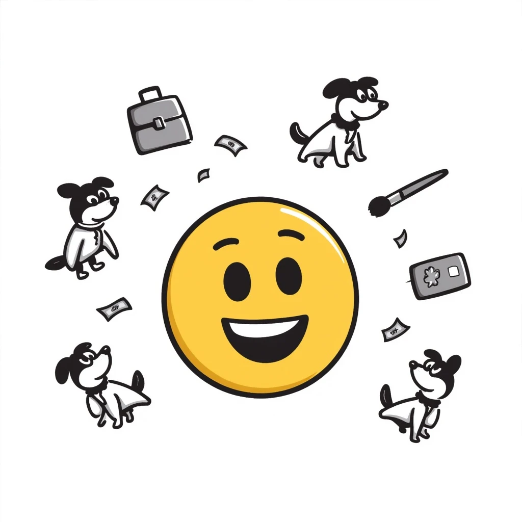 Yellow emoji with karate dogs, a briefcase, money, a phone and a paintbrush flying in its aura emoji