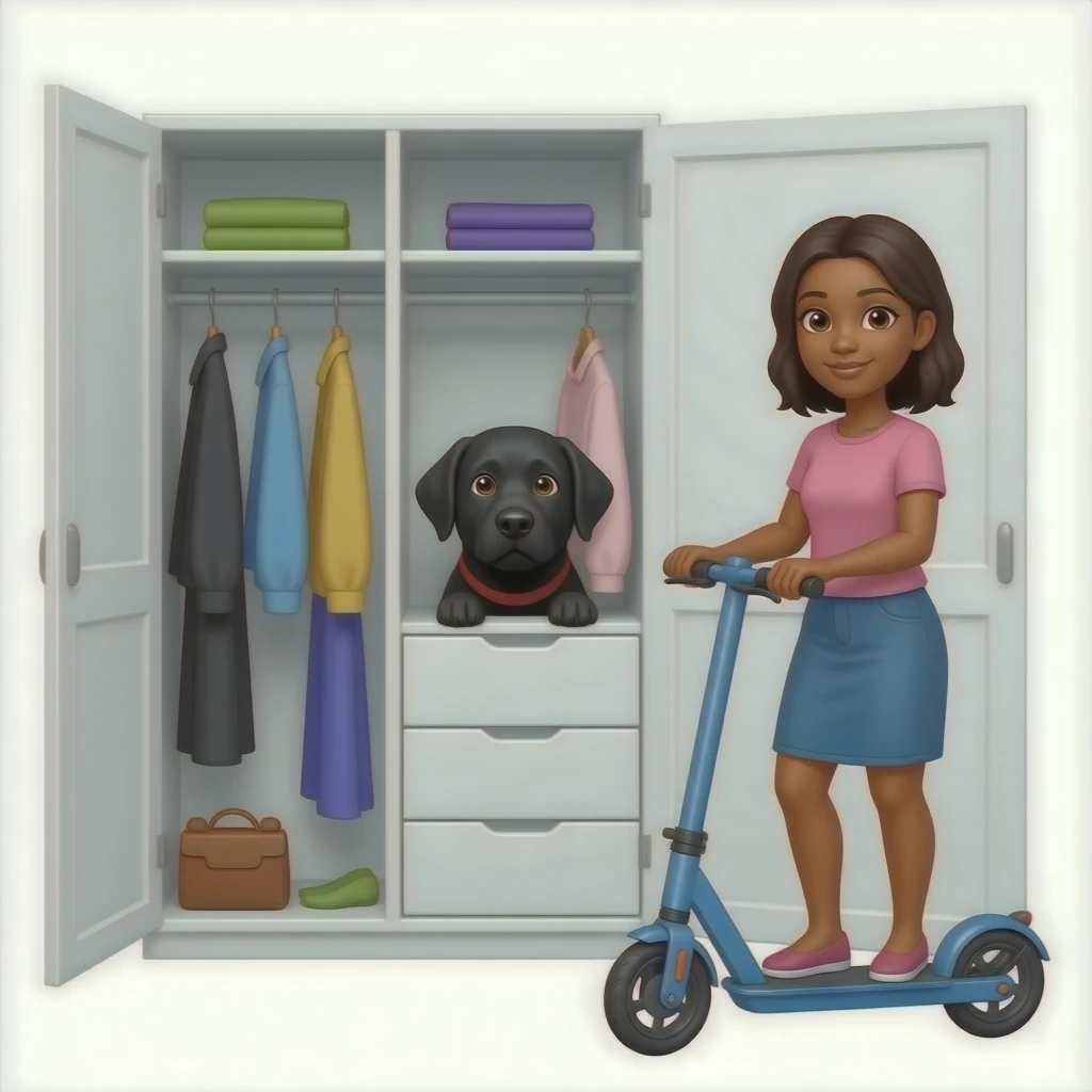Female Black lab hiding in large clothes walkin closet with black skinned female owner sitting  on  mobility scooter emoji