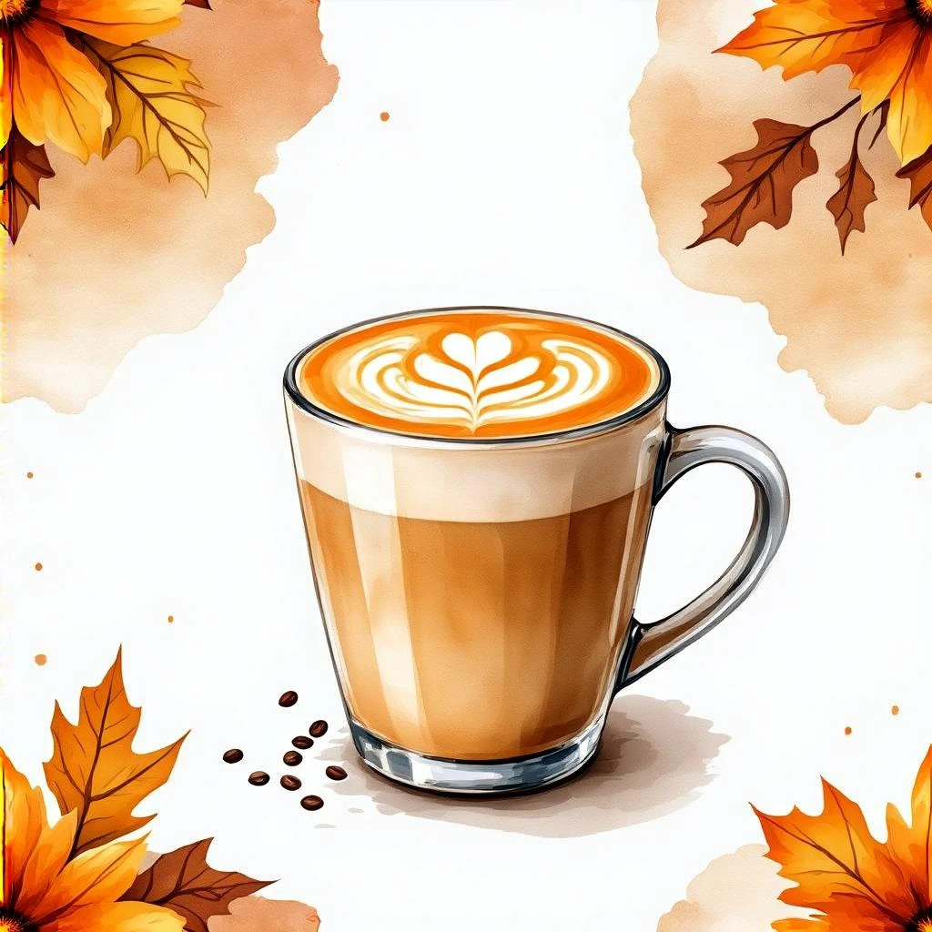 coffee latte art seamless background, pumpkin spice latte, creamy brown and orange tones, cozy autumn café vibe, watercolor effect emoji
