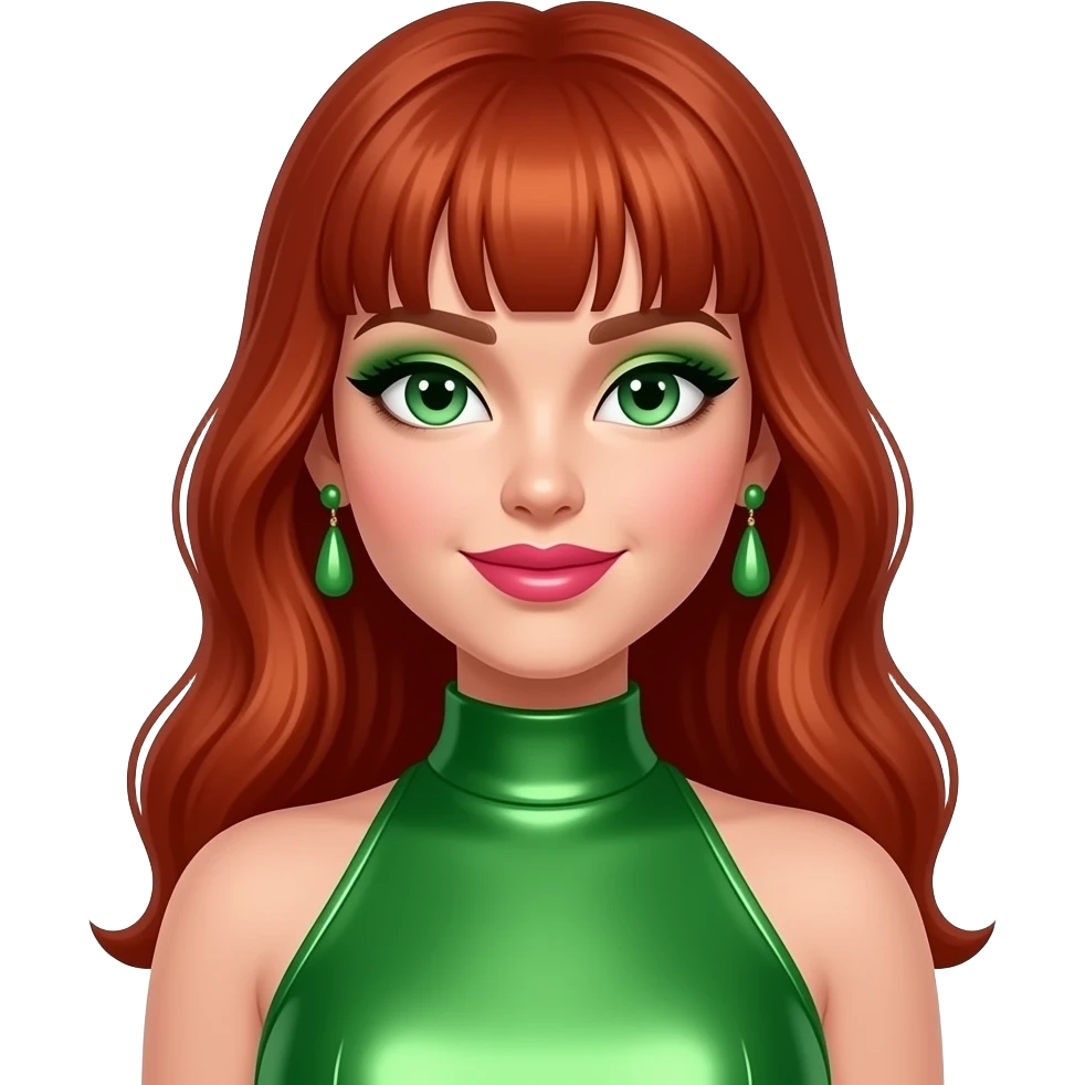 Summer from Diva Starz with green eyes, long red bang hair, green eyeshadow, hot pink lipstick, green metallic high neck dress, green earrings emoji