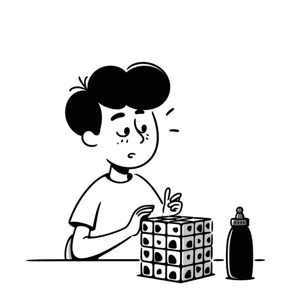 A boy solving a Rubik's cube 21x21 but he can't solve it because he need to pee emoji