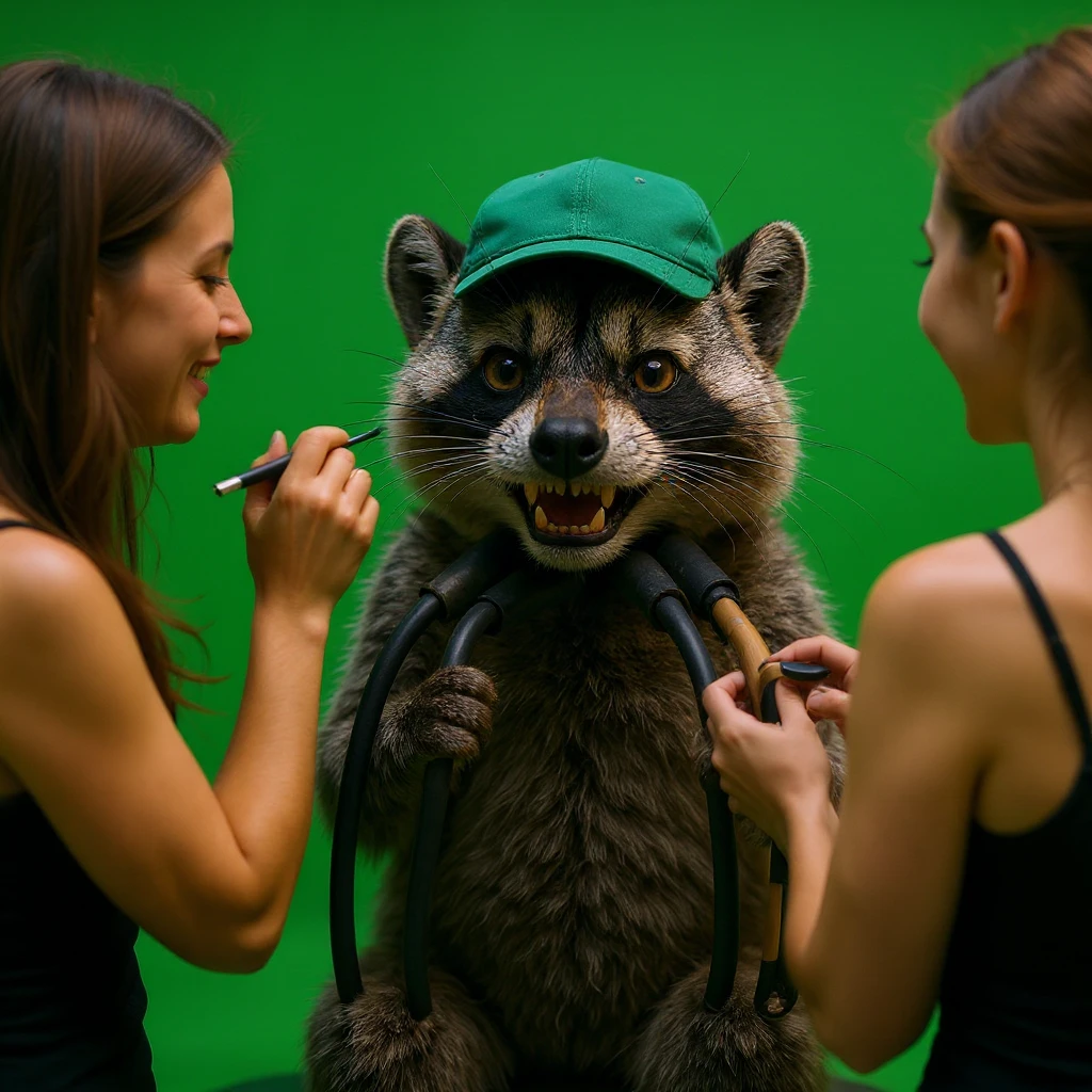 Make this raccon looking cute and make him on a movie set, with a green screen in the background, a raccoon actor is smiling while women are putting makeup on him. The raccoon gives a thumbs up, soft bright light, raccoon wearing green emeralnd color cap emoji