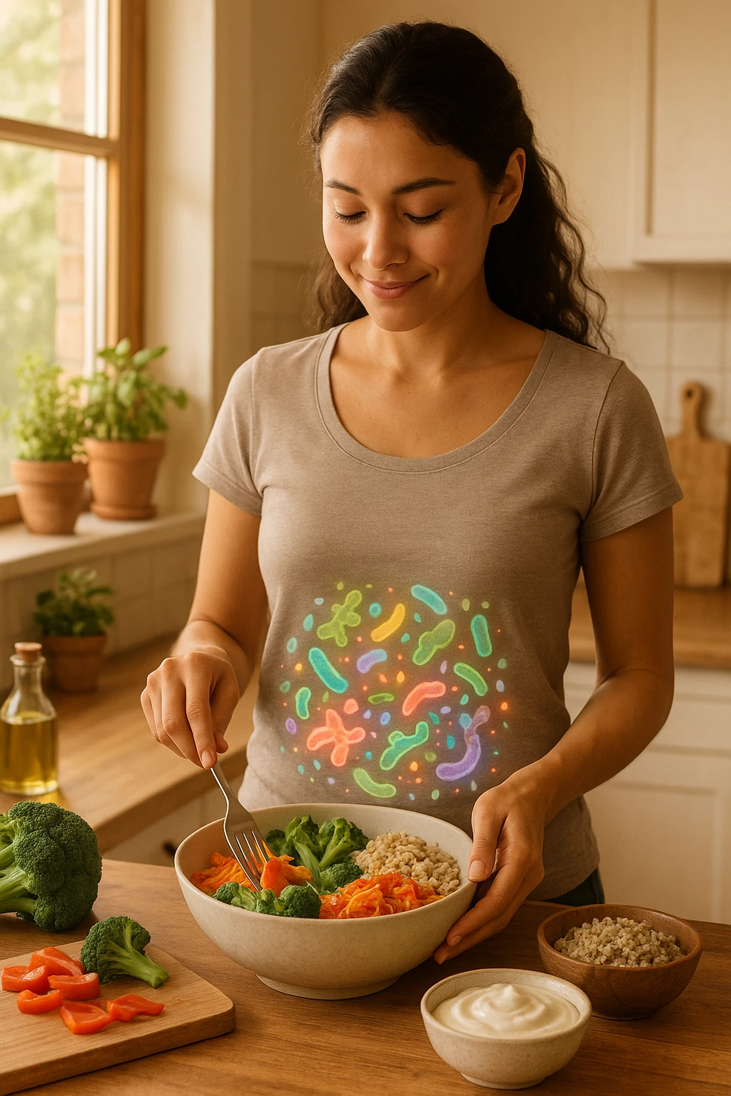 A realistic, warm-toned image of a young woman in a bright, cozy kitchen preparing a healthy meal rich in fiber and probiotics. She smiles softly, focused and calm, as she adds fresh vegetables, fermented foods like yogurt or kimchi, and whole grains to a bowl. Around her abdomen, a subtle, glowing overlay of balanced gut flora—colorful, friendly bacteria and microbes—swirls gently, symbolizing intestinal health and harmony. The setting is natural and inviting, with sunlight streaming through the window, potted herbs on the counter, and clean wooden surfaces. The overall mood conveys wellness, self-care, and the positive journey toward gut balance emoji