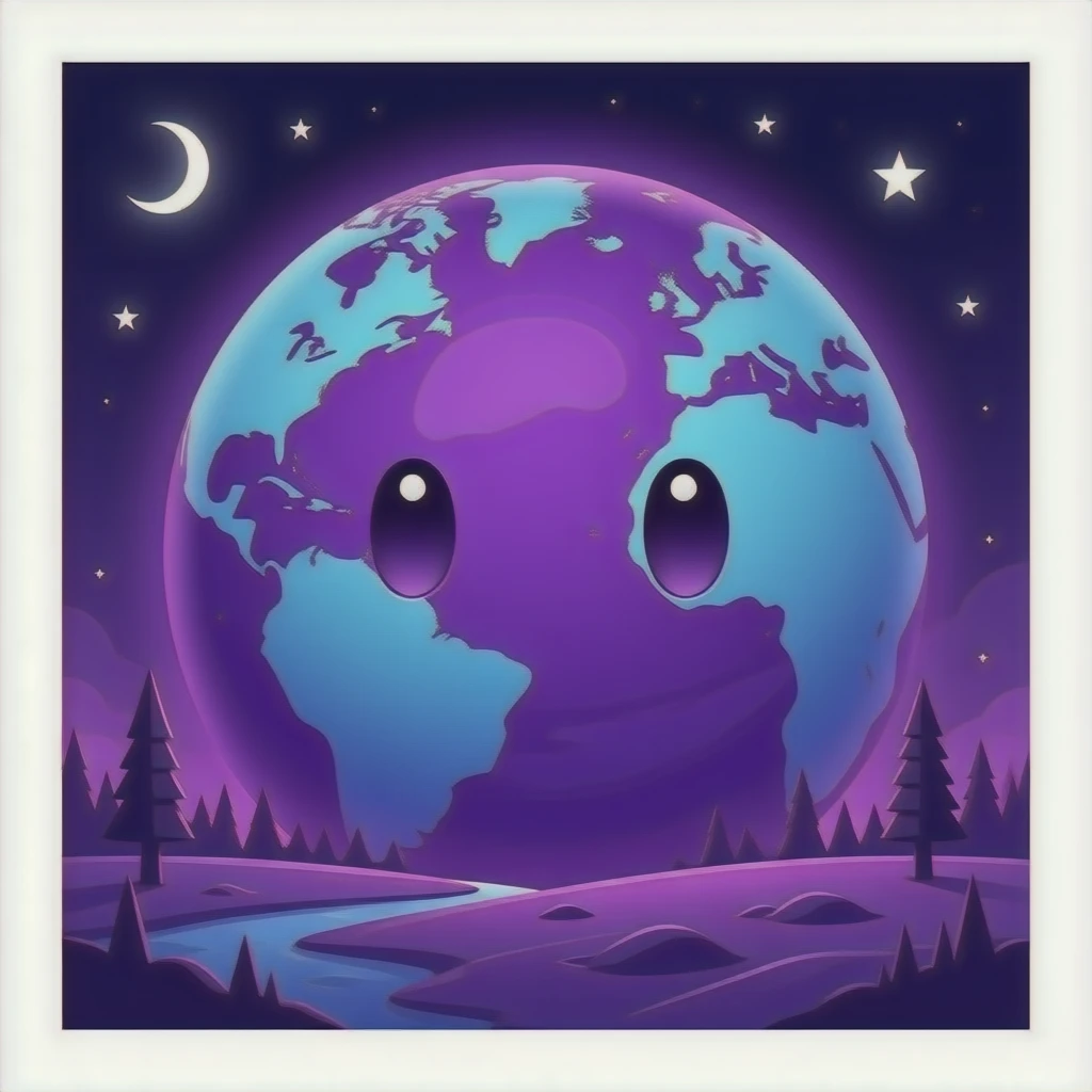neon purple planet with a face, very beautiful emoji