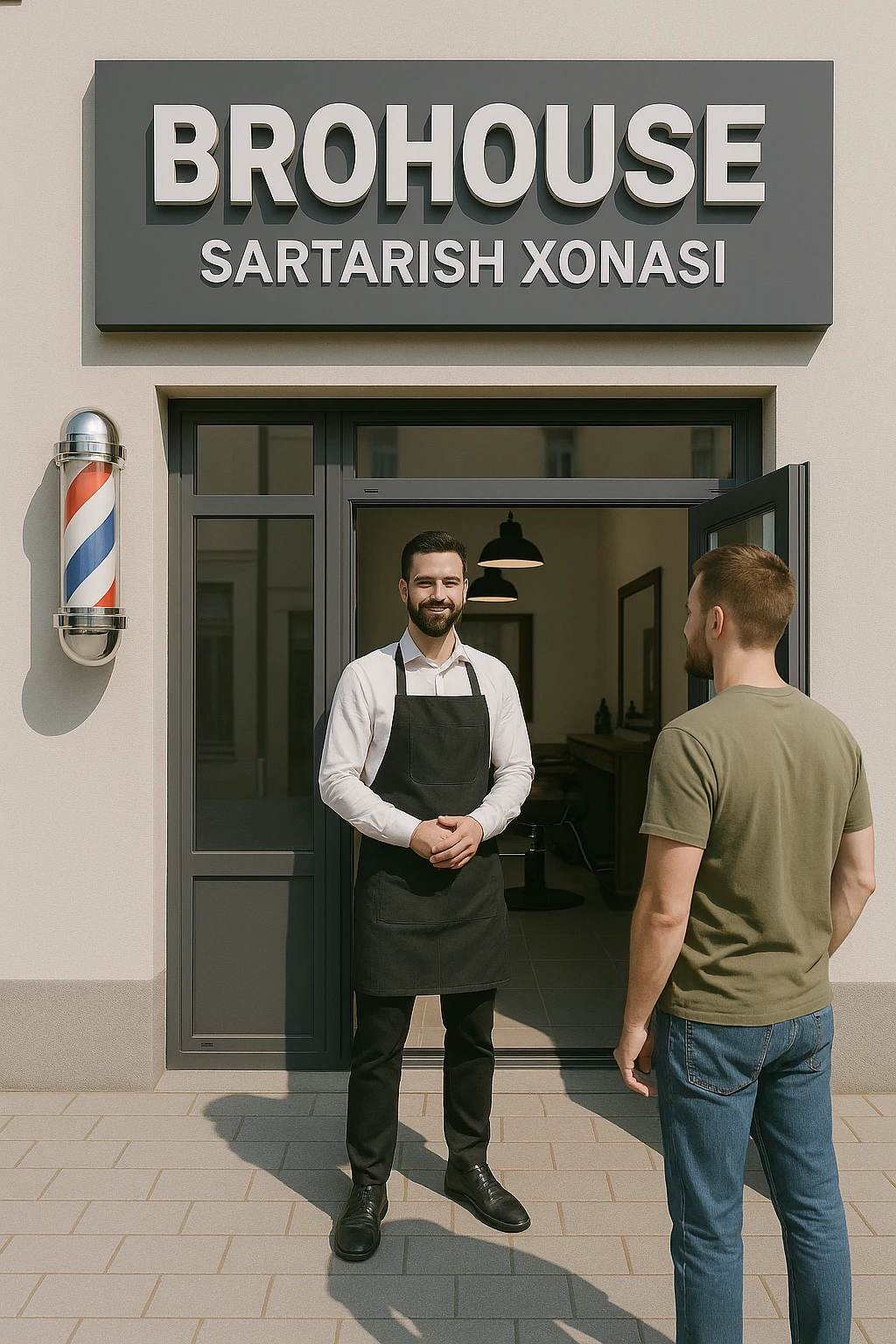 eni shu rasimga boyagi sartaosh oka eshik oldida tursin va tashqarida esa mijoz emoji