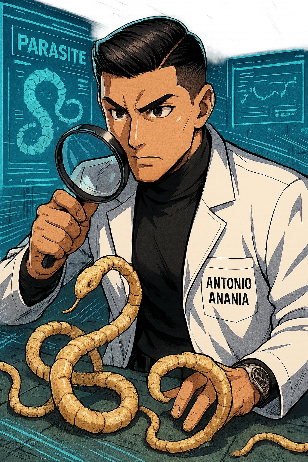 A dynamic manga/webtoon-style illustration of a young male kinesiologist wearing a clean white lab coat, analyzing light beige worms like a tapeworm under a magnifying glass. His expression is focused and slightly intrigued, with sharp, detailed eyes. The art style is vibrant, with bold linework, rich colors, and dramatic lighting. The background is a futuristic laboratory with glowing holographic screens displaying parasite data. The tapeworm is intricately drawn, slimy and segmented, with a slightly exaggerated yet realistic texture. The composition is dynamic, with motion lines or energy effects to emphasize his scientific investigation. The atmosphere is intense but not dark, keeping a balance between scientific seriousness and stylish manga aesthetics, he has "ANTONIO ANANIA" WRITTEN ON WHITE LAB COAT emoji