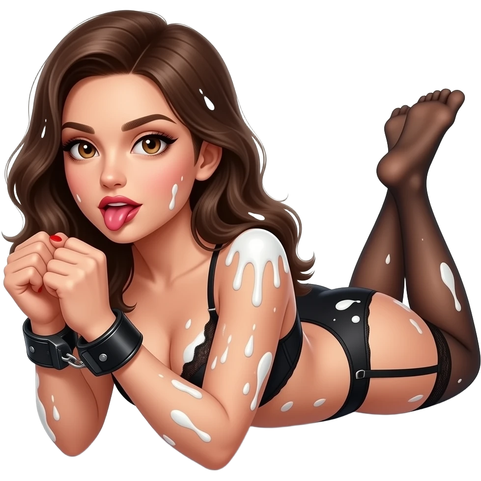 Sexy brunette brown eyes laying on stomach on knees legs wide in black lingerie covers all over with splattered chunky whitecake batter with clenched fist and one red nailsblack leather hand cuffs   Hands behind back looking over her shoulder with mouth open licking lips close-up emoji