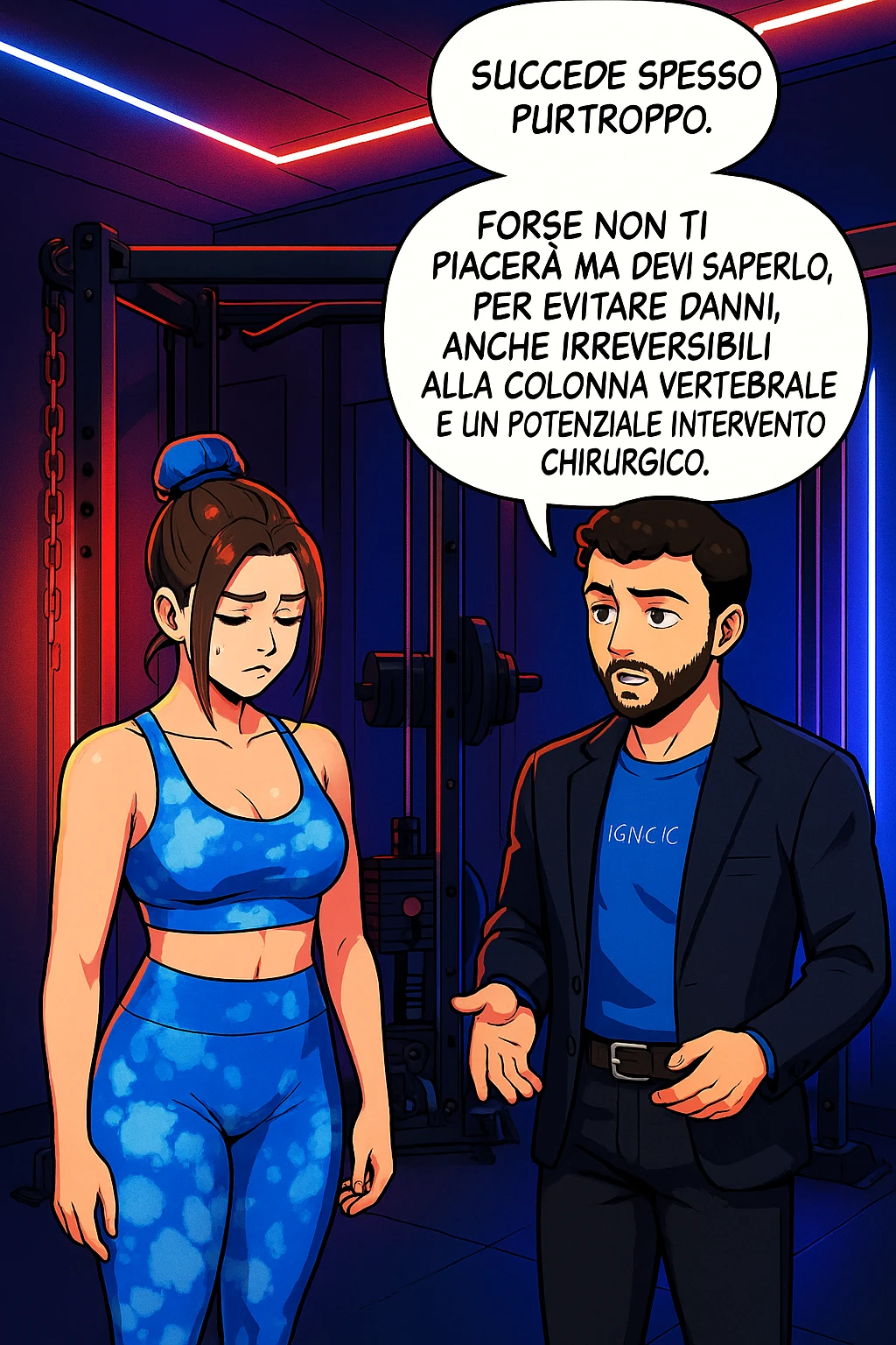 fai questa immagine in versione fumetto/manga/webtoon a colori, il manga mostra l'uomo che risponde alla donne:
Succede spesso purtroppo. 
Forse non ti piacerà ma devi saperlo, per evitare danni, anche irreversibili, alla colonna vertebrale e un potenziale intervento chirurgico. emoji