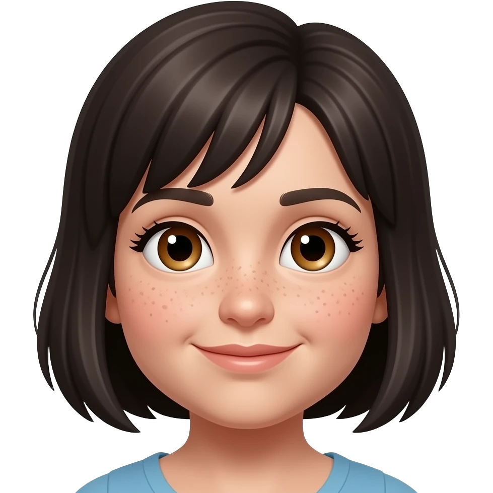 short dark hair little bit chubby hazel eyes long lashes some freckles emoji