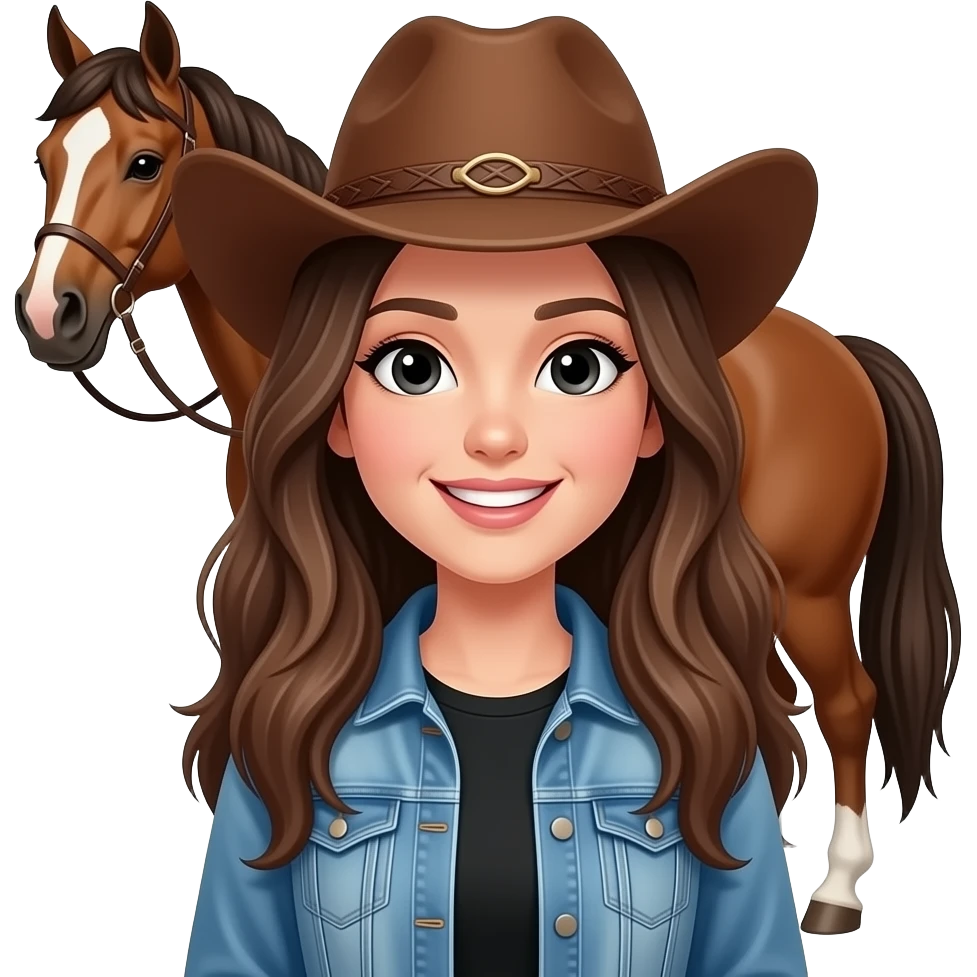 Girl with long brown hair, with black eyes, smiling, wearing a denim jacket and black shirt and brown cowgirl hat, next to her brown horse that has a white spot on her forehead. emoji