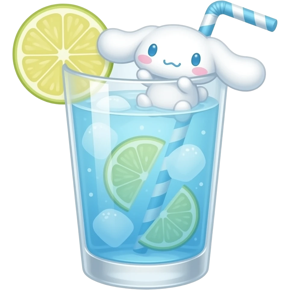 cinamonroll the sanrio character themed white and light blue colored cocktail with actual illustration of cinamonroll as a garnish emoji