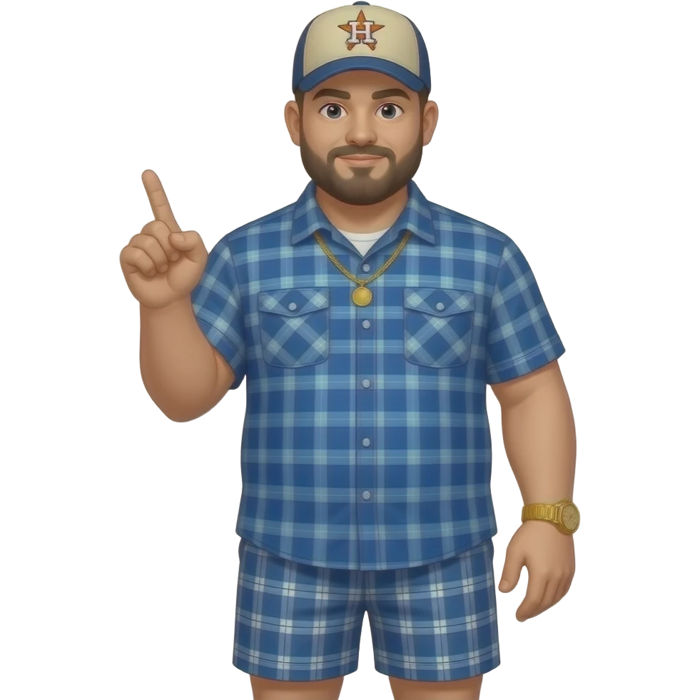 Chubby man with apricot skin tone with lightly shaved black beard wearing a blue button down short sleeve shirt with matching shorts with square pattern designs wearing an all beige color Huston Astros logo baseball cap wearing a gold tennis necklace and a gold wrist watch making a gun with fingers emoji