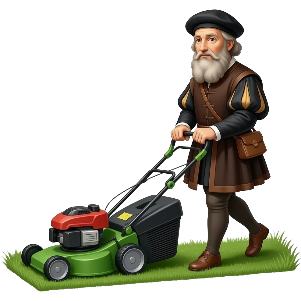 Leonardo da Vinci mowing the lawn with a lawn mower emoji