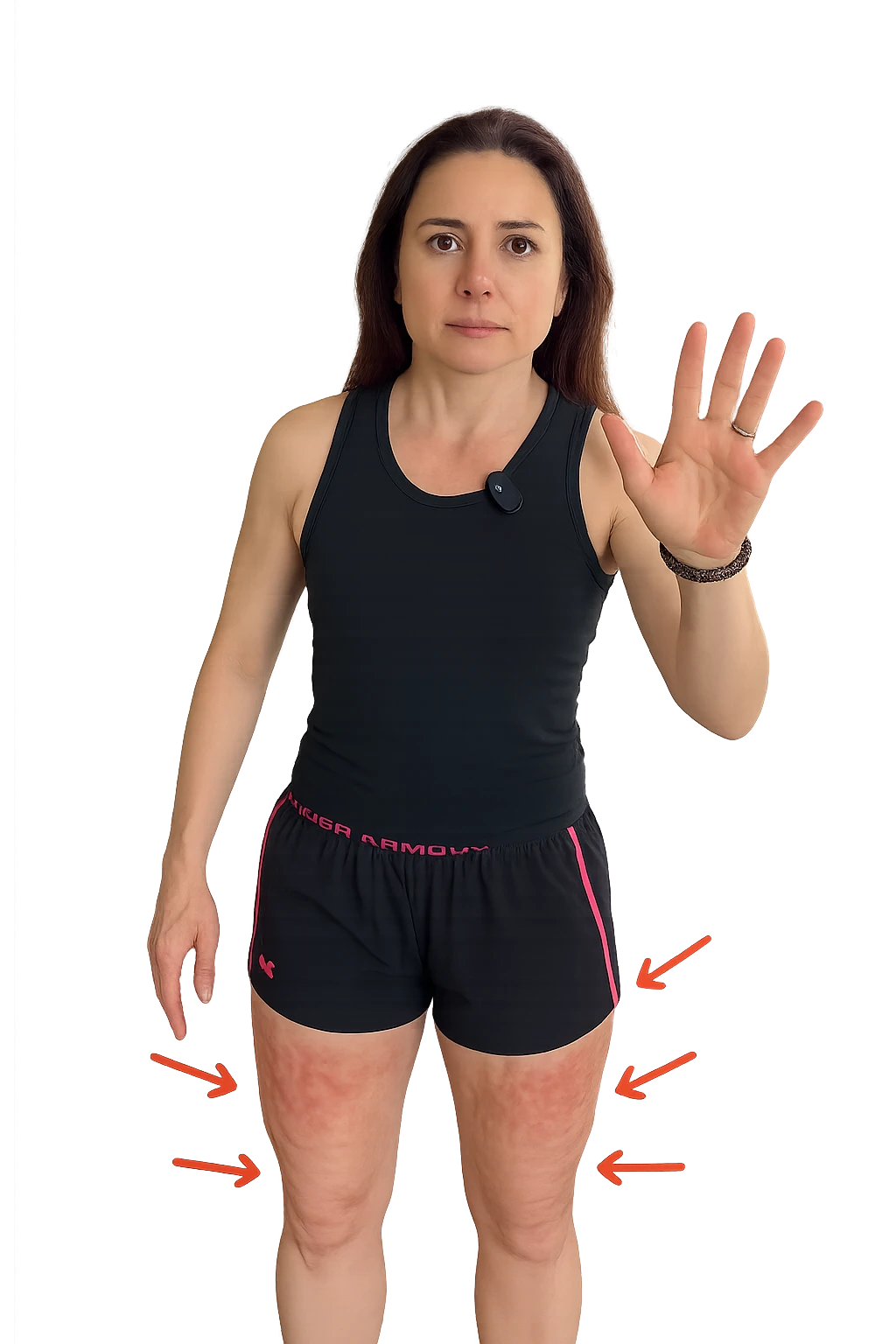 Donna con cellulite sulle cosce indica le cosce che sono infiammate di cellulite con frecce ad indicare  emoji