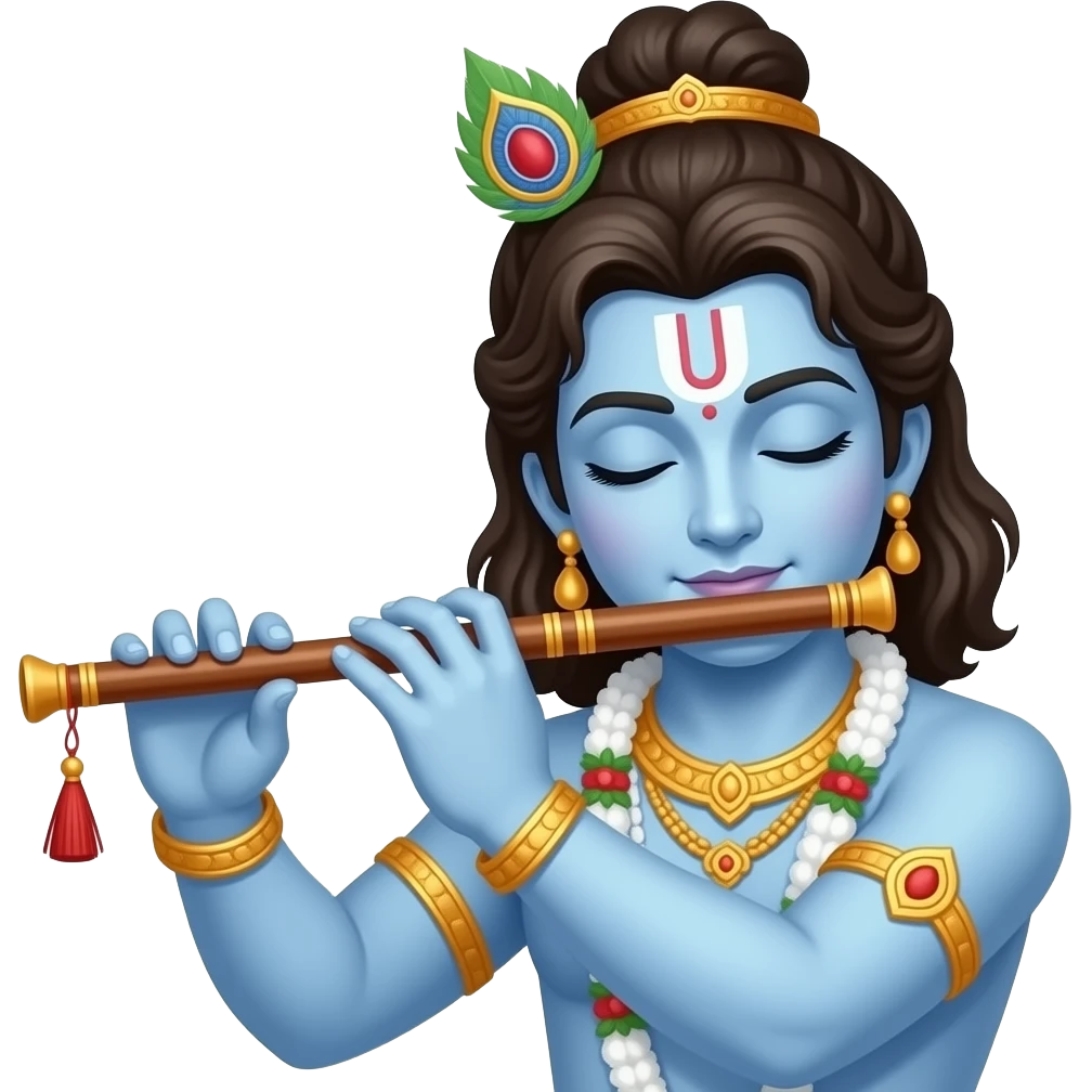 Krishna holding flute in his hands and playing it with eyes closed and facing little downwards and shown in a peaceful and enjoying feeling emoji