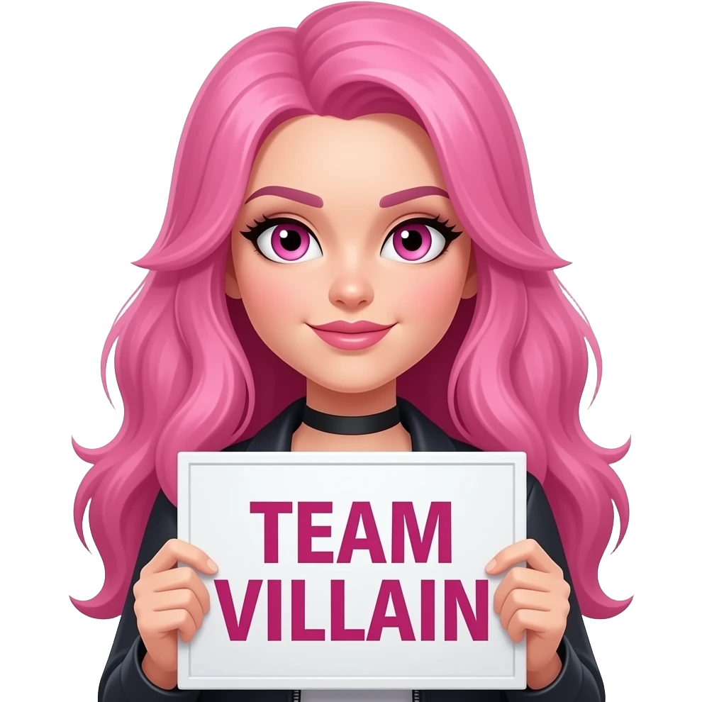 sexy girl with long pink hair and pink eyes holding a TEAM whoever the VILLAIN is sign emoji