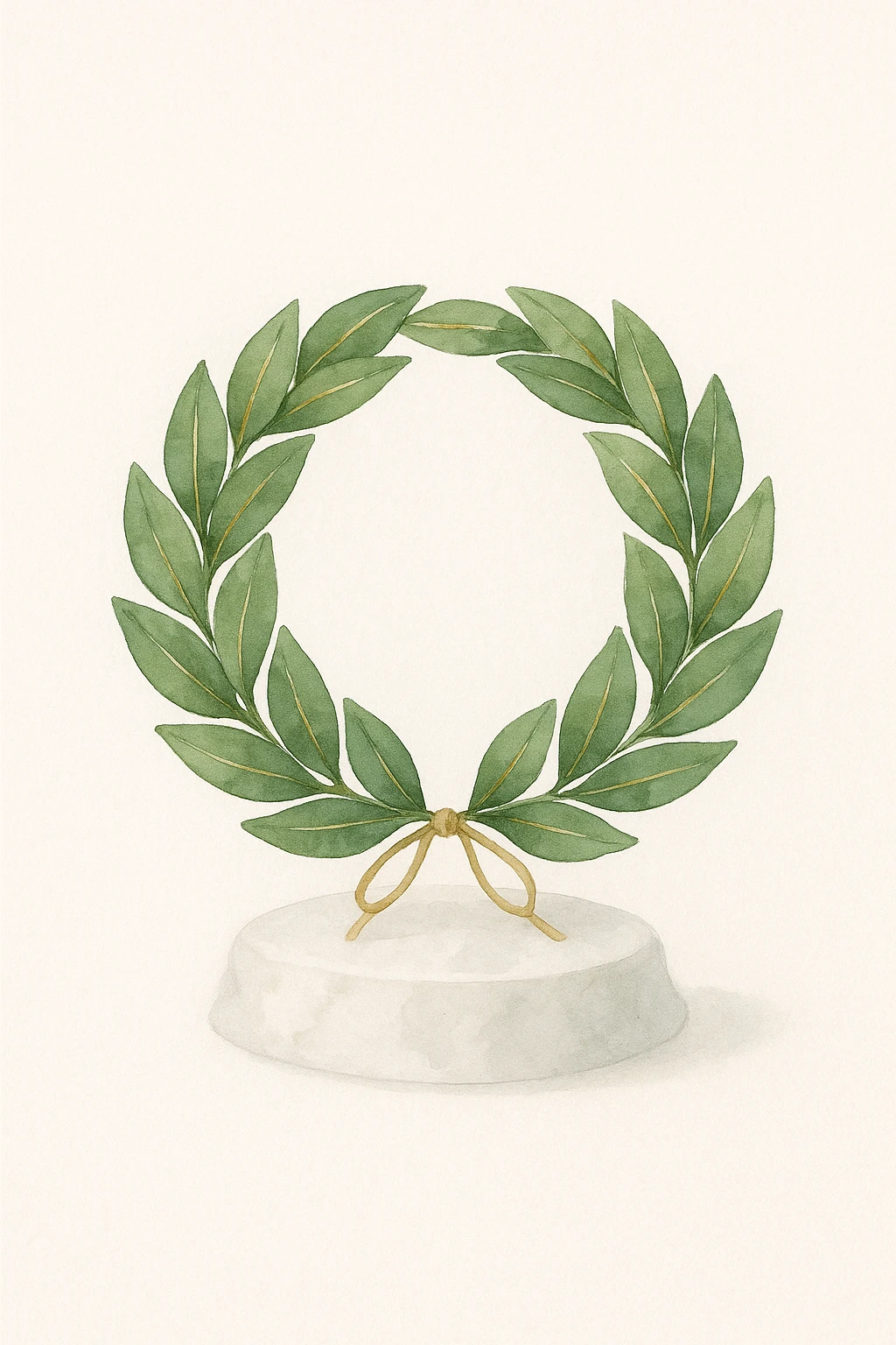 A laurel wreath made of fresh or natural-looking laurel leaves, neatly woven into a circle. The leaves are glossy, rich green, with golden veins. The wreath is adorned with a thin golden ribbon tied in a bow at the back. The wreath is placed on a white marble pedestal or cushion. emoji