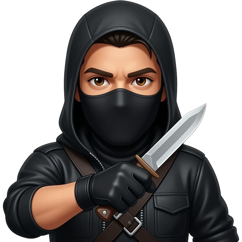 Spanish Man brown eyes wearing all black in balaclava hood and gloves with karambit emoji