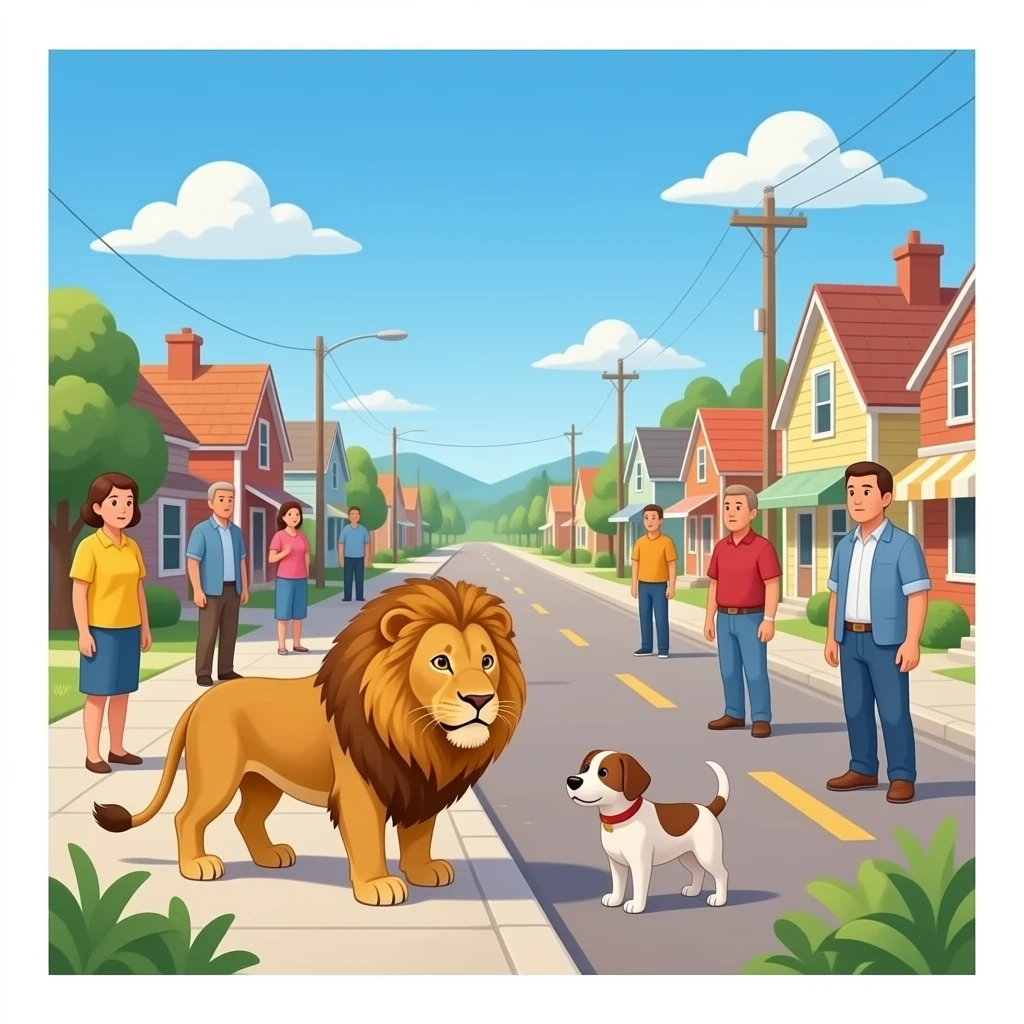 quiero que en un pequeño los habitantes tengan que aprender a vivir con un leon y un perro por si un dia volvian pero que  tengan miedo y que sea realista emoji