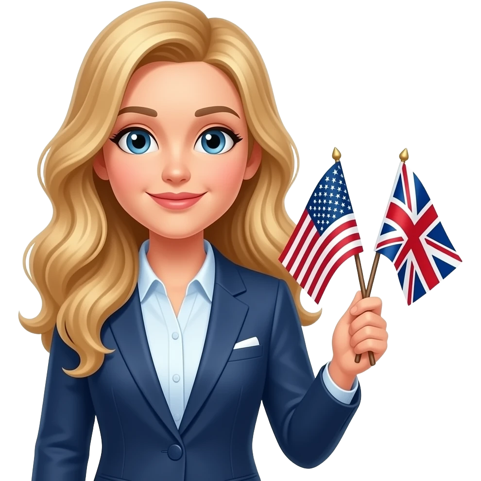 a teacher with long wavy blond hair with the usa and british flags in the right hand emoji