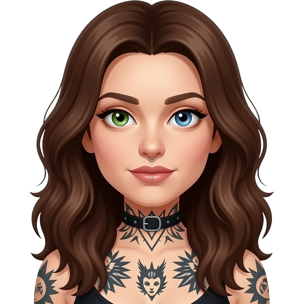 white long wavy haired brunette woman with one green eye one blue eye tattoos a philtrum piercing and a thin streak of grey hair emoji