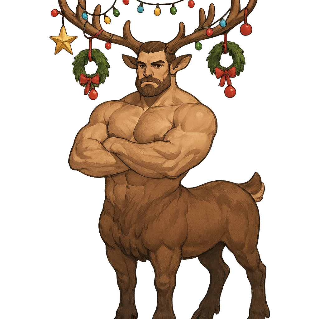 a reindeer-taur, muscular upper body, festive decorations on antlers emoji