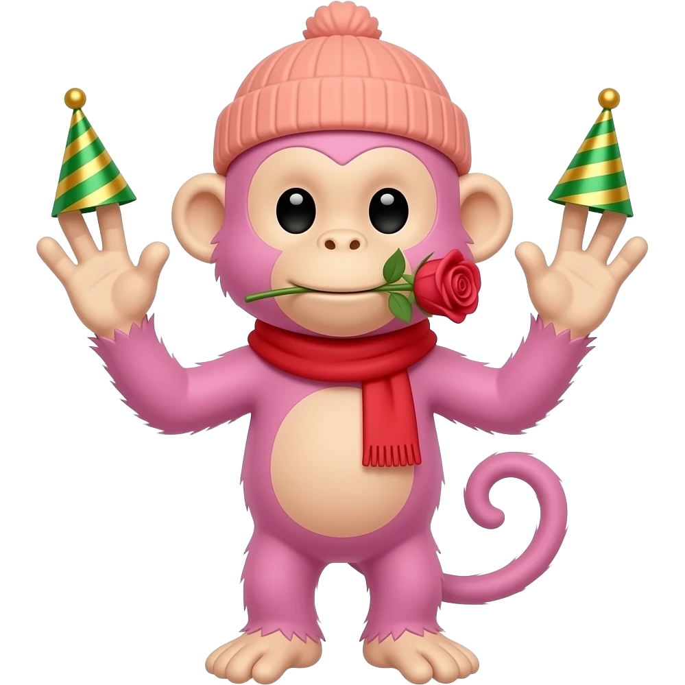 A light pink monkey with no legs wearing a red scarf, peachy colored beanie, mini green and gold striped party hats on the tip of its three fingers on each hand and a rose in its mouth emoji