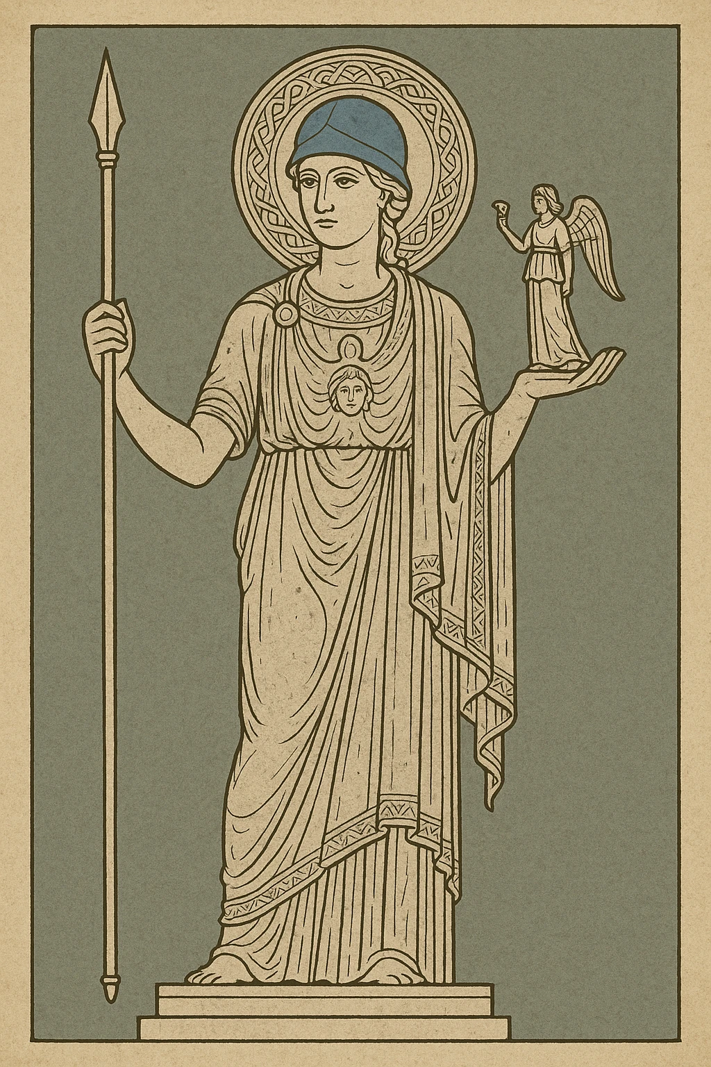 ancient Greek goddess Athena as a marble statue, wearing a blue ancient helmet in color #2F80C1, dignified and classical, traditional ancient Greek marble sculpture style emoji