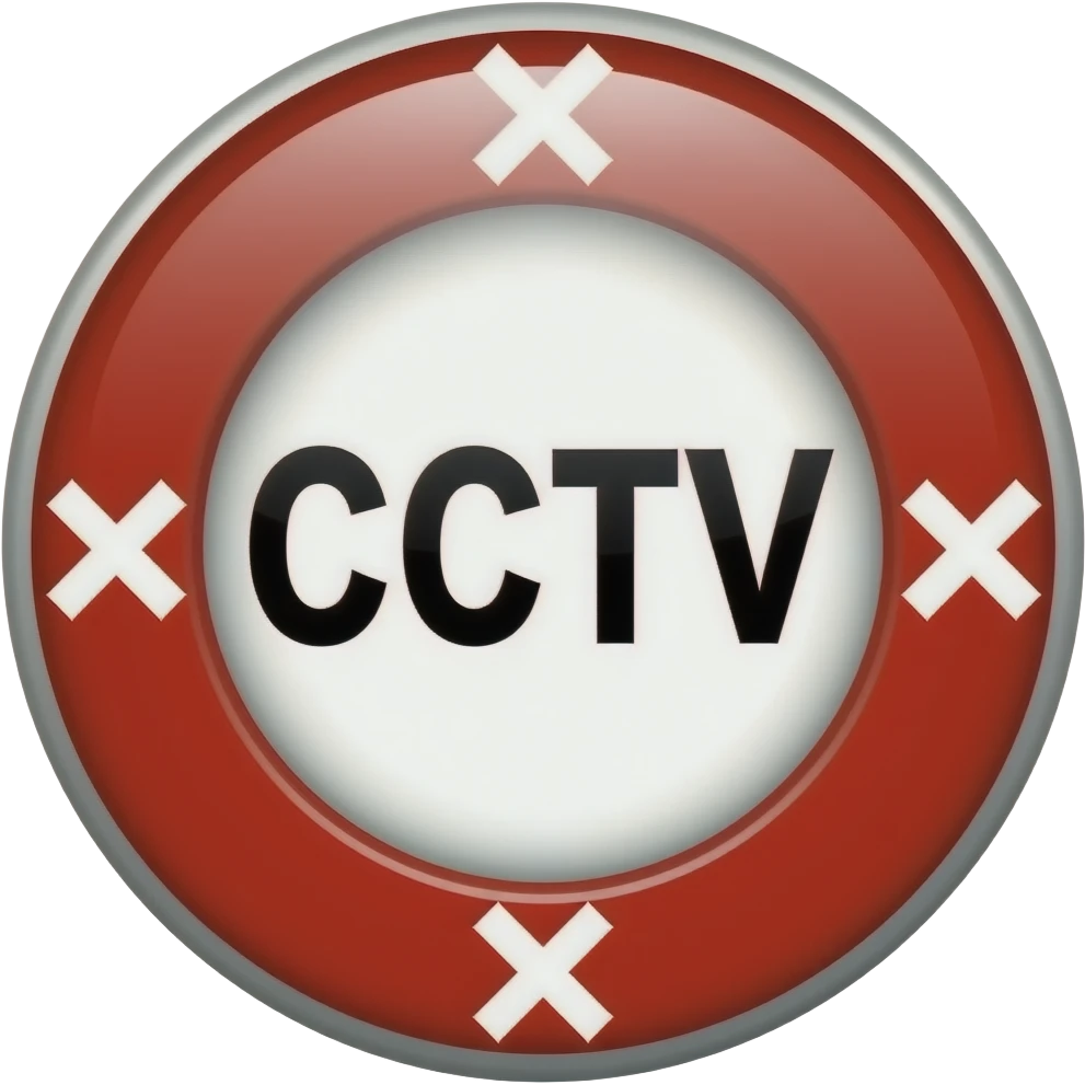 Red filled circle with white X and arrow on all end points on the X white circle in the middle. Big bold CCTV word in the centre in black emoji