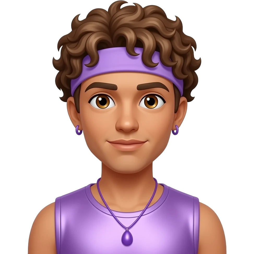 Aaron Z from 4*Town with tan skin, hazel eyes, light brown curly hair, lilac headband, lilac metallic sleeveless shirt, purple necklace and short earrings emoji