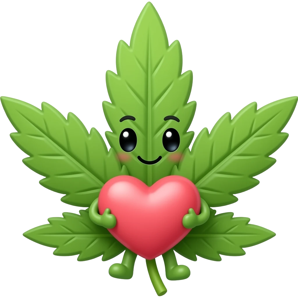 weed leaf with a cute face holding a big huge heart that he can barely carry emoji