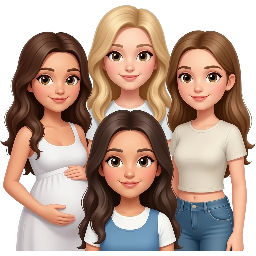 5 friends girls with long hair : 1 brunette who is pregnant, 1 dirty blonde tall thin, 1 blonde thin, 1 dirty blonde thin, 1 brunette Italian emoji