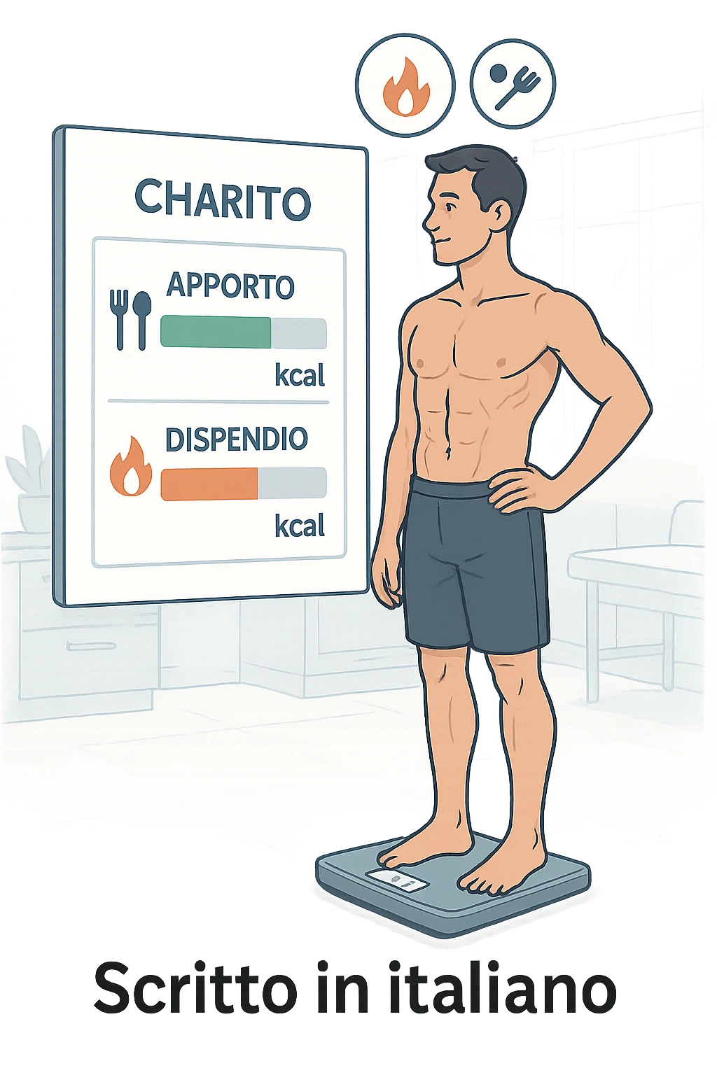 a man stands on a digital scale, looking at a nutrition chart that shows his daily calorie intake is lower than his energy expenditure. Floating icons above his head display a negative calorie balance, and his body appears slightly leaner, with visible muscle definition. The background is a modern clinic, emphasizing the concept of caloric deficit. scritto in italiano emoji