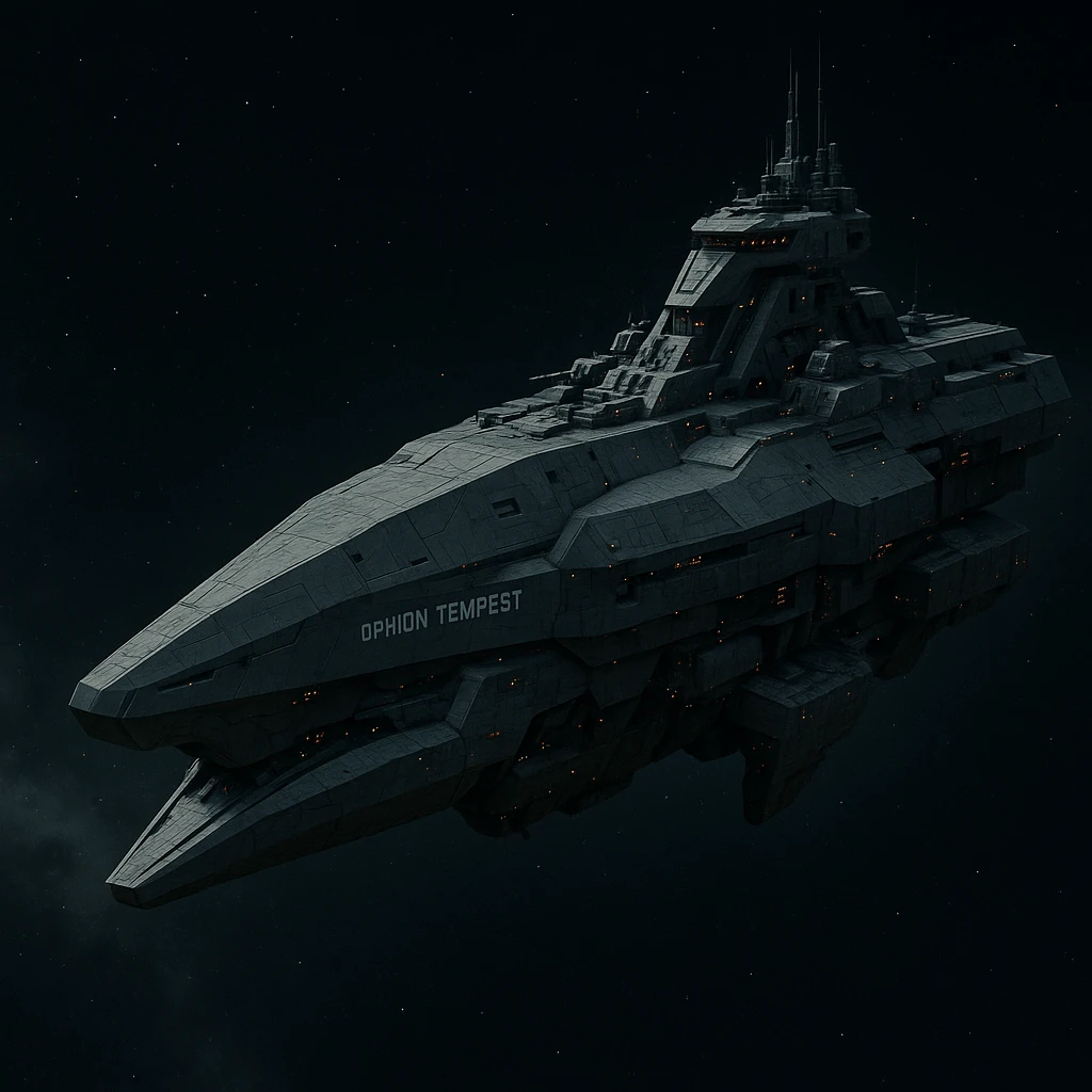 capital class space cruiser supercarrier of Zrian [human] origins, named the "Ophion Tempest"
The ship has a blocky military, yet sleek and angular design, mimicking a prehistoric sea-mammal or Cetacea  emoji