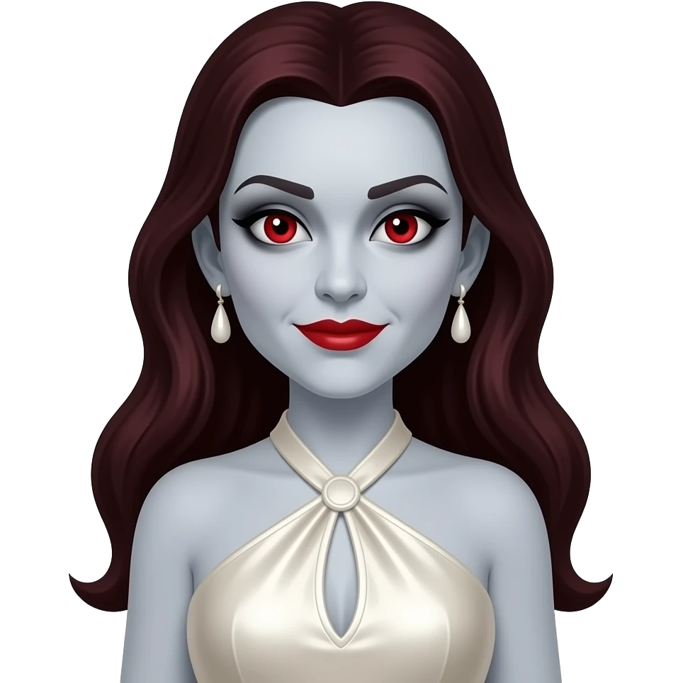 Bride of Dracula with pale-grey skin, red eyes, long dark auburn hair, black eyeshadow, red lipstick, ivory metallic halter dress, ivory earrings emoji