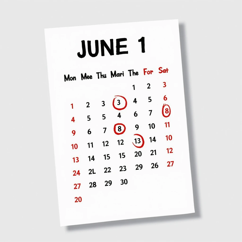 realistic calendar sheet, no background, with days from Monday June 1 to Saturday June 7 circled in red, no border, no shadow, just the sheet emoji