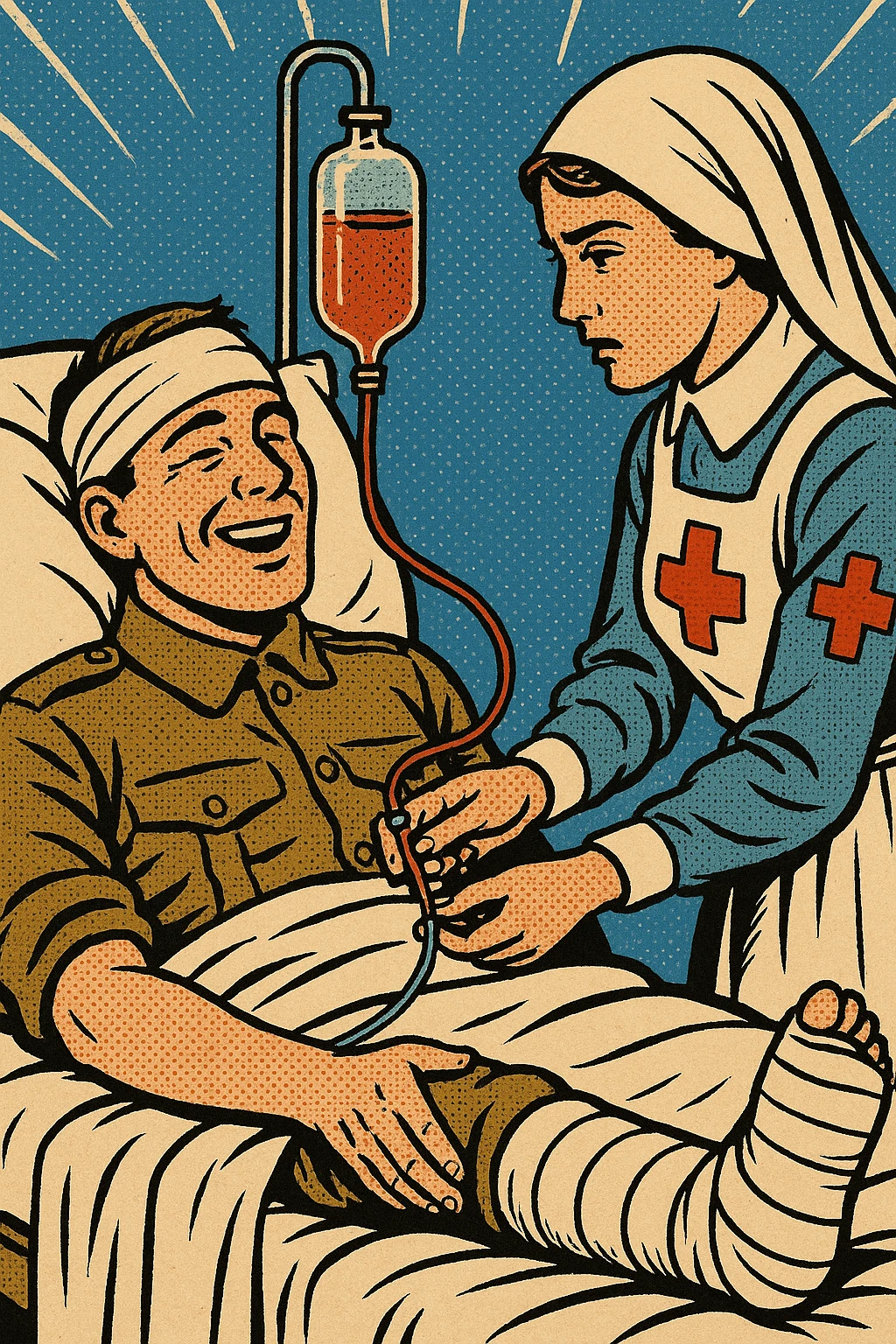 A world war one British soldier in an army hospital bed.  The soldier has a bandage around his head, with a splint on one of his legs.  He is also being given a blood transfusion from an army hospital nurse. emoji