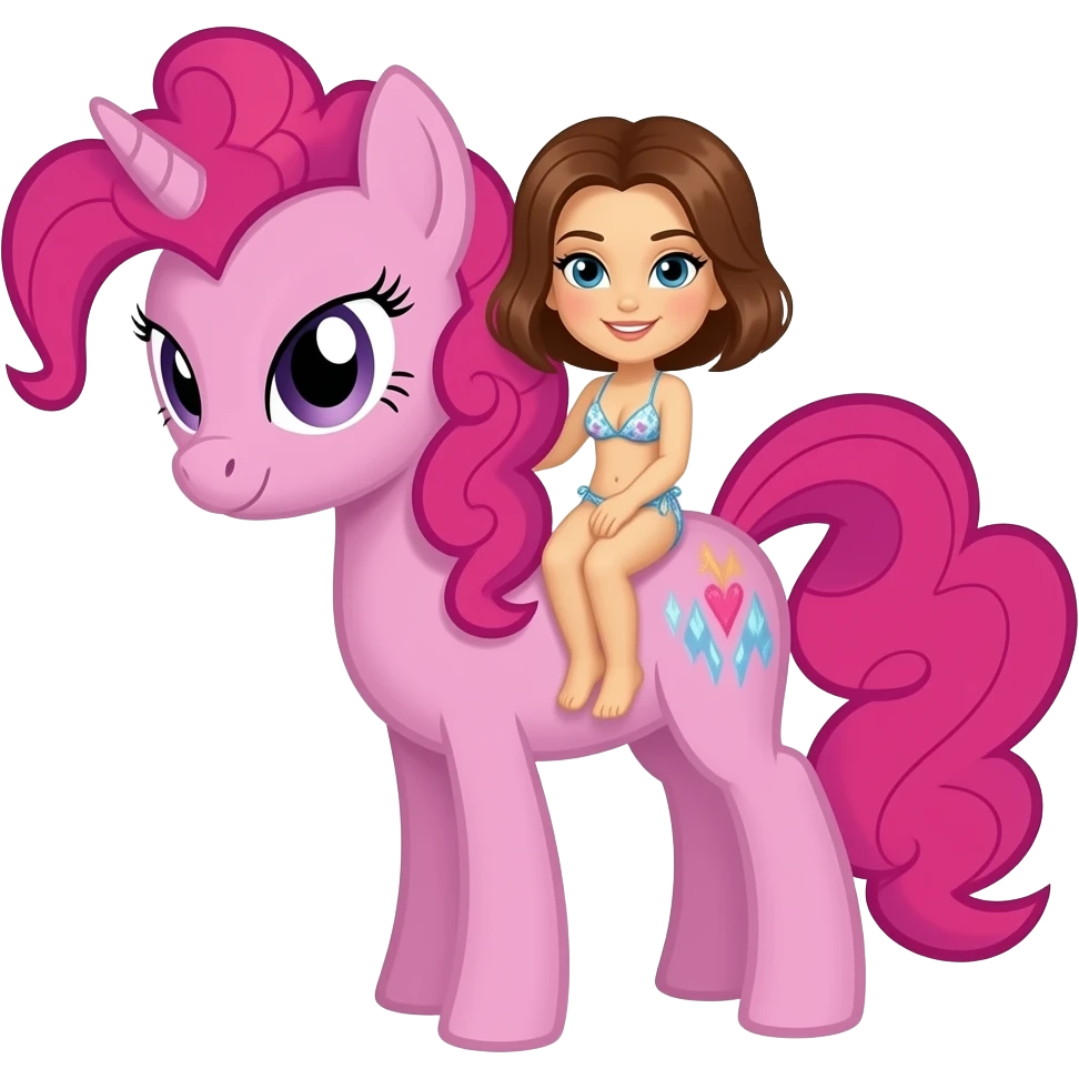 a pink colored, mean spirited and bad mannered pony is looking defiant toards him.    he is holding a very young women wearing a short bikini emoji