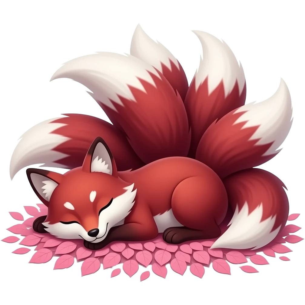 dark red and white nine tailed fox sleeping in pink tree leaves emoji