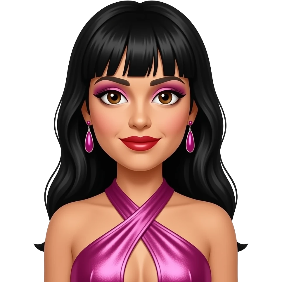Selena Quintanilla with brown eyes, long black hair with bang, fuchsia eyeshadow, red lipstick, fuchsia metallic halter dress, fuchsia earrings emoji